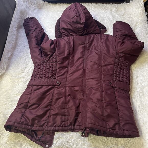 Intl Details Burgundy Puffer Zip Coat Double Layer Faux Fur Hoodie Jacket 3XL - Picture 5 of 5